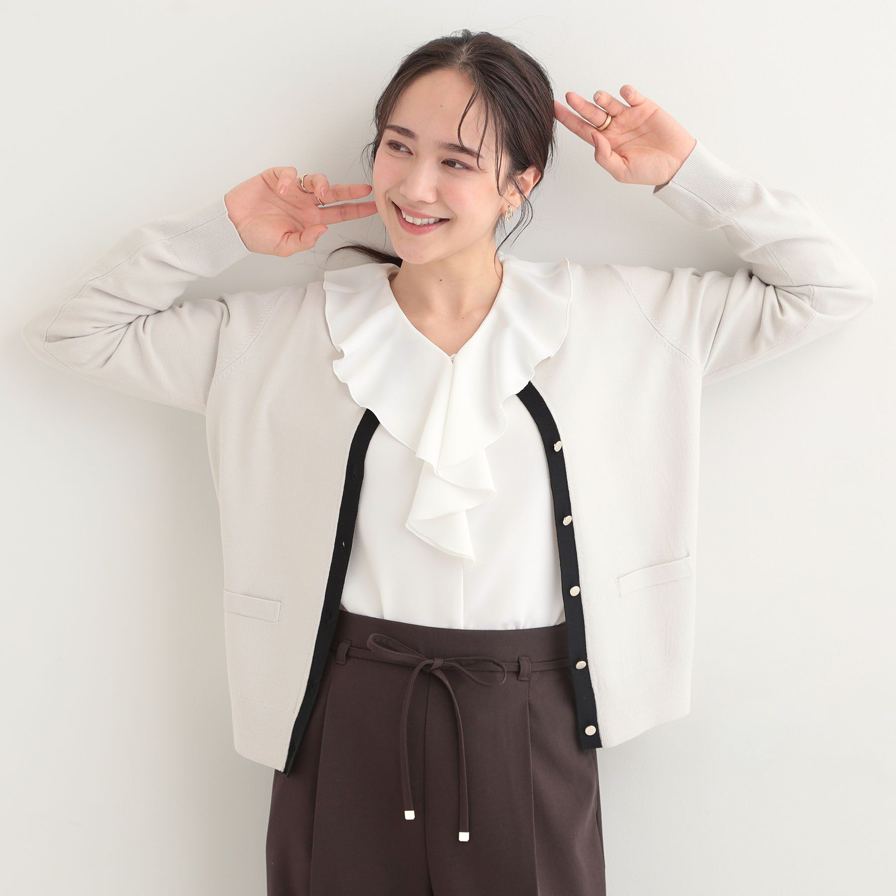 SHOO･LA･RUE「【洗濯機可/S-LL/アンサンブル可】配色クルーニットカーディガン」|カーディガン|