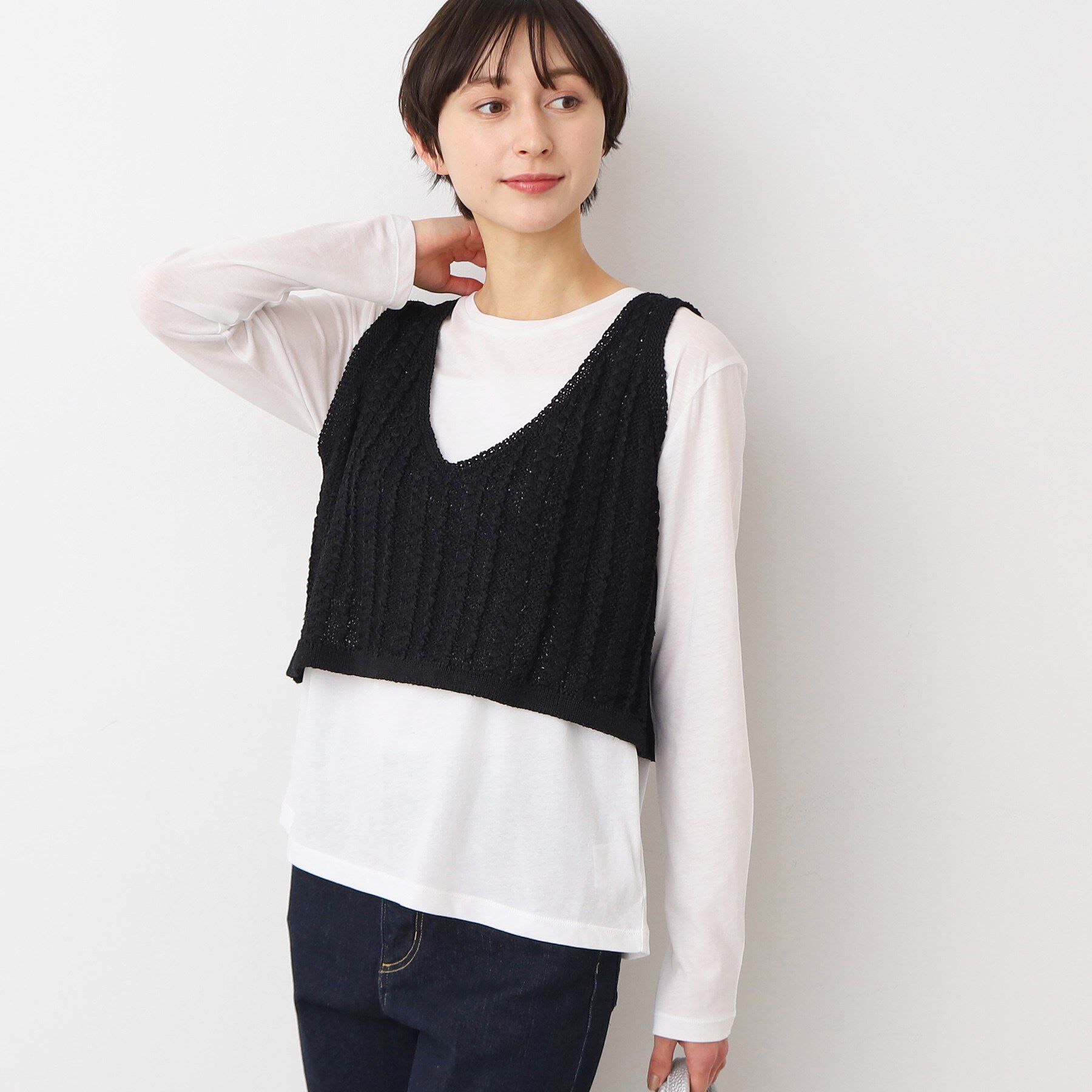 Dessin「【洗える】クロップド丈Vネックニットベスト」|ベスト・ジレ|