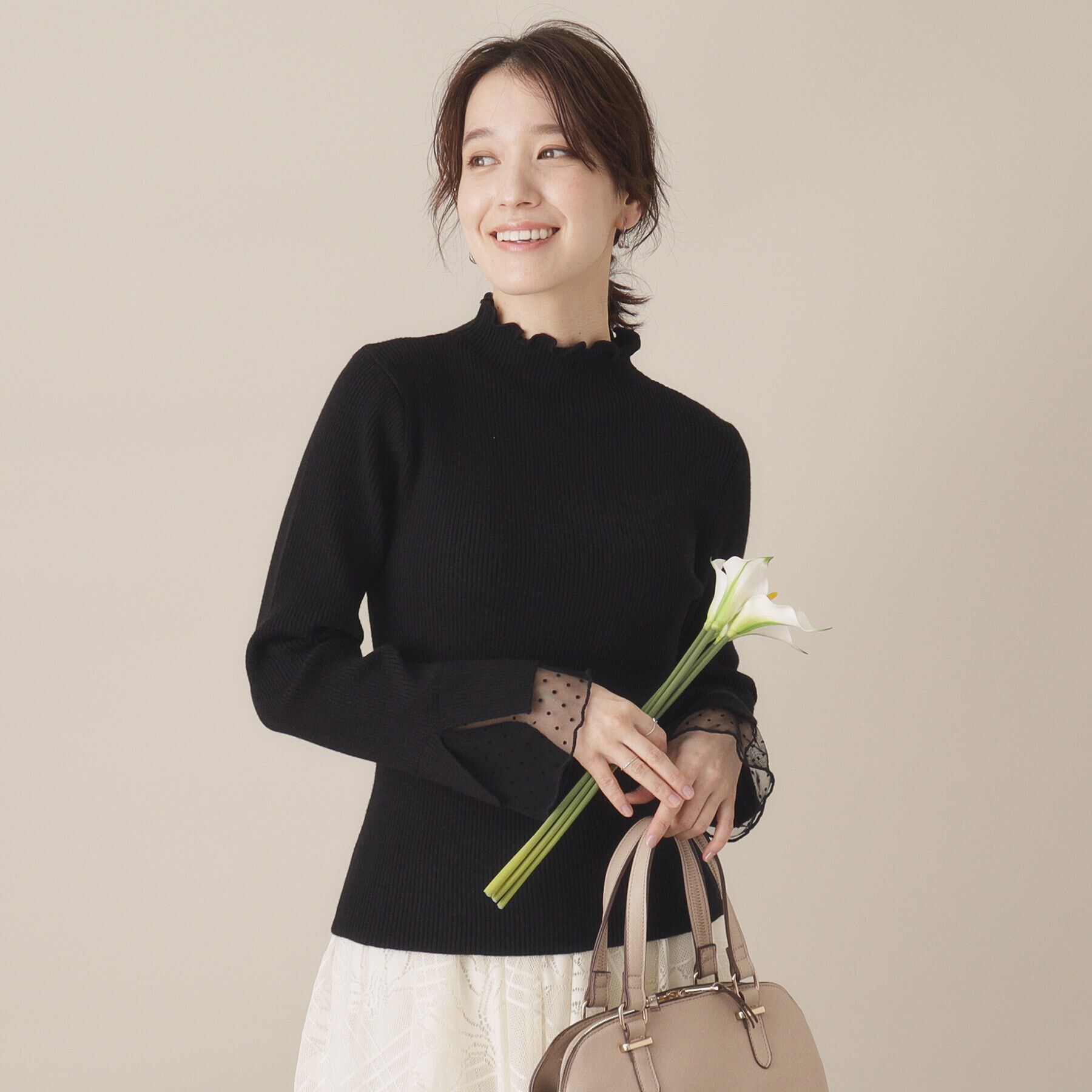 ITS&rsquo;DEMO「【手洗い可】袖チュールリブニット」|ニット・セーター|ブラック(019)