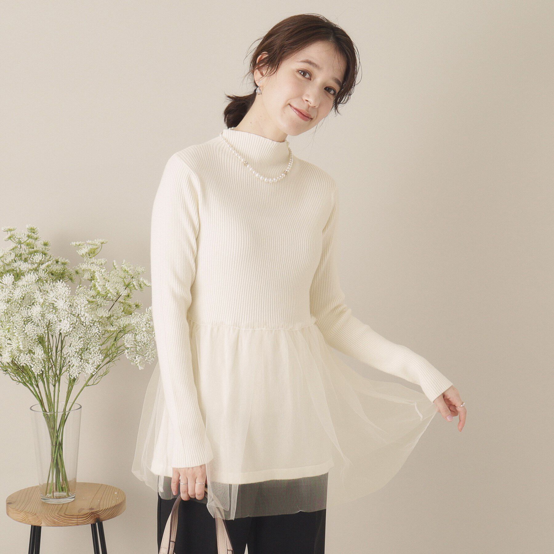 ITS&rsquo;DEMO「【手洗い可】チュールペプラムニット」|ニット・セーター|オフホワイト(003