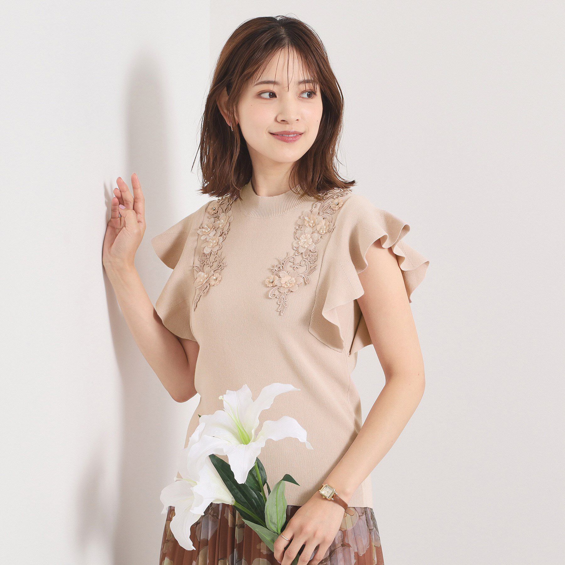 ITS&rsquo;DEMO「【手洗い可】花レースフリル袖ニット」|ニット・セーター|ライトピンク(070