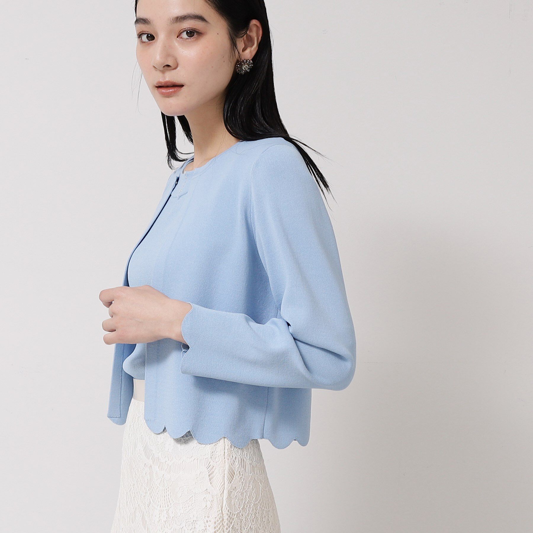 SunaUna「【接触冷感／アンサンブル可】裾スカラップニットボレロ」|カーディガン|ブルー(091)