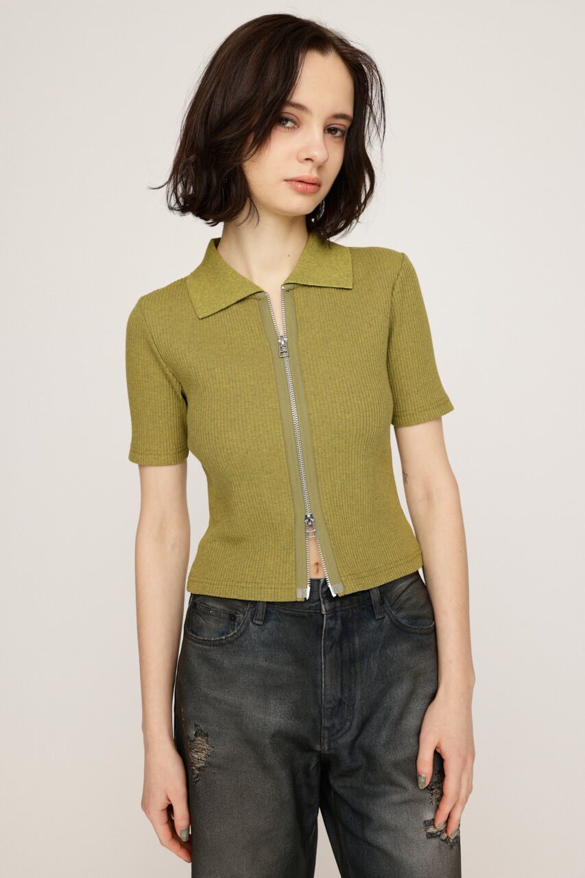 SLY「FRONT ZIP CUT RIB トップス」|Tシャツ・カットソー|M/GRN7