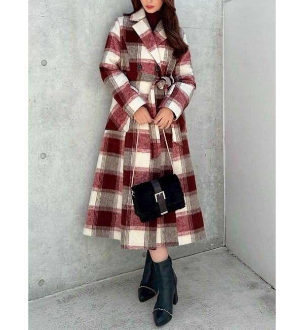 RESEXXY「ミディレングスシャギーチェックコート」|その他|レッド