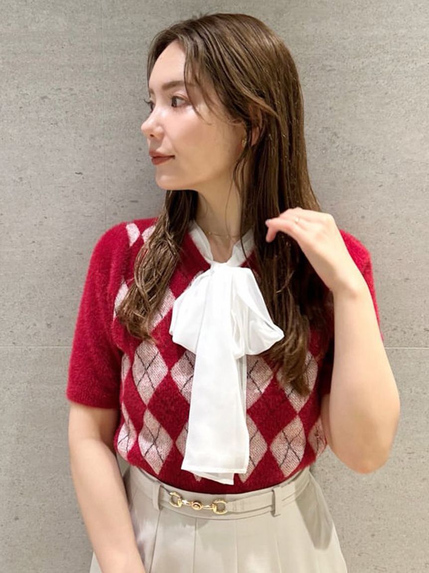 CELFORD「ボウタイリボンアーガイルニットプルオーバー」|ニット・セーター|RED