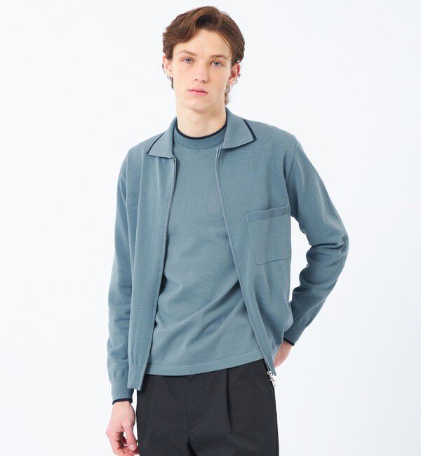 MACKINTOSH PHILOSOPHY「12Gプレーティング天竺 ライン入り襟付きジップアップ」|ニット・セーター|ブルー