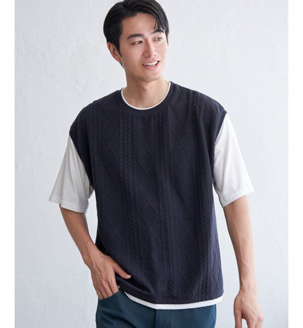 ikka「フクレジャカードフェイクベストTシャツ」|Tシャツ・カットソー|ネイビーブルー