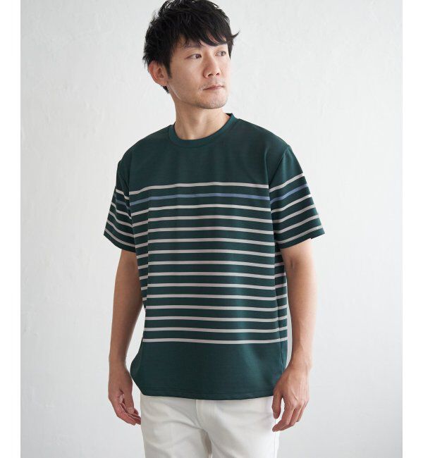 ikka「【接触冷感／吸水速乾】アーバンドライパネルボーダーTシャツ」|Tシャツ・カットソー|グリーン