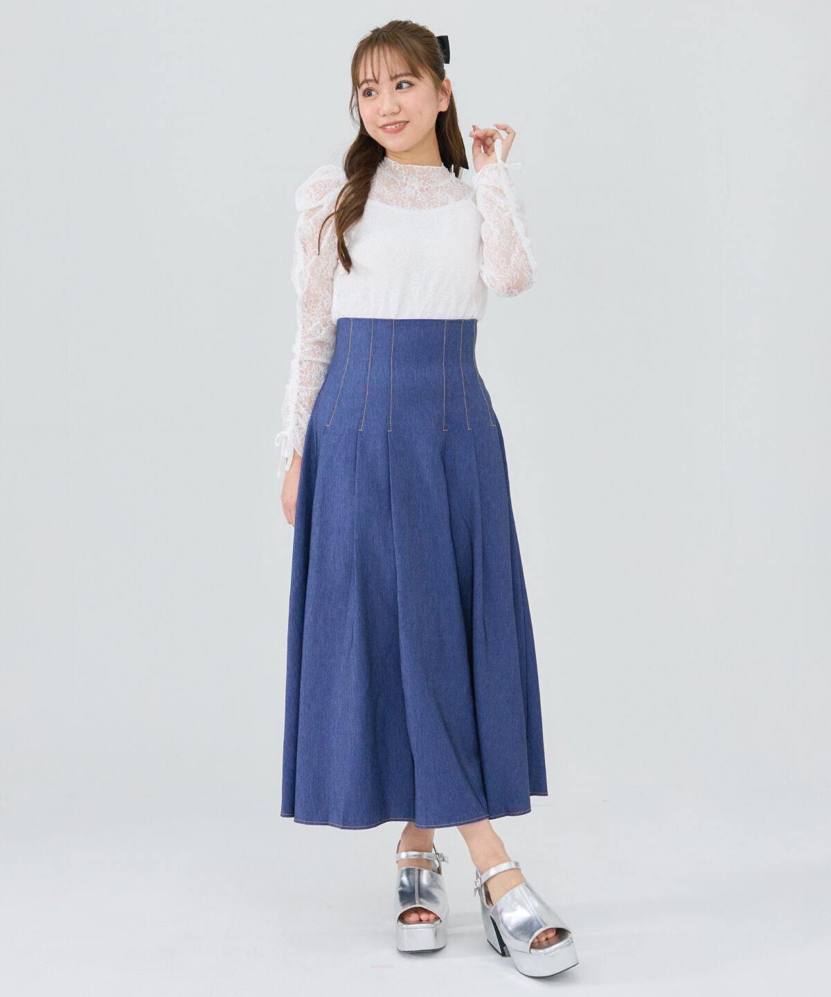 REDYAZEL「デニムライクタックフレアスカート」|フレア|ネイビー