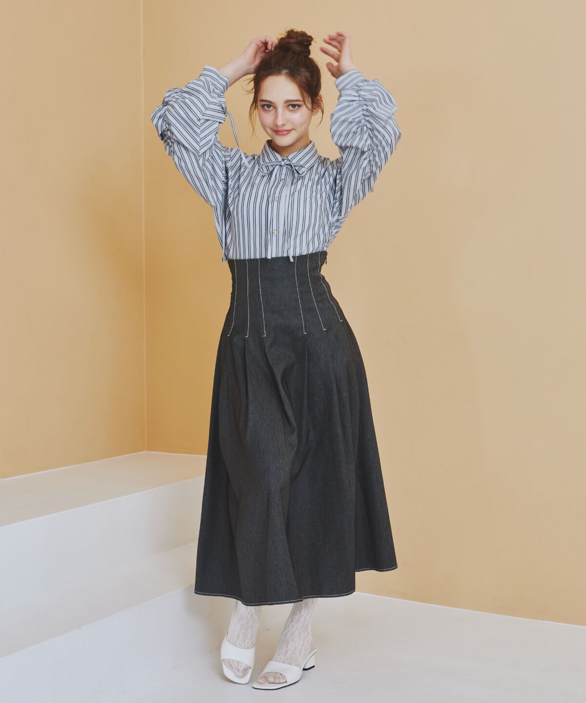 REDYAZEL「デニムライクタックフレアスカート」|フレア|ブラック