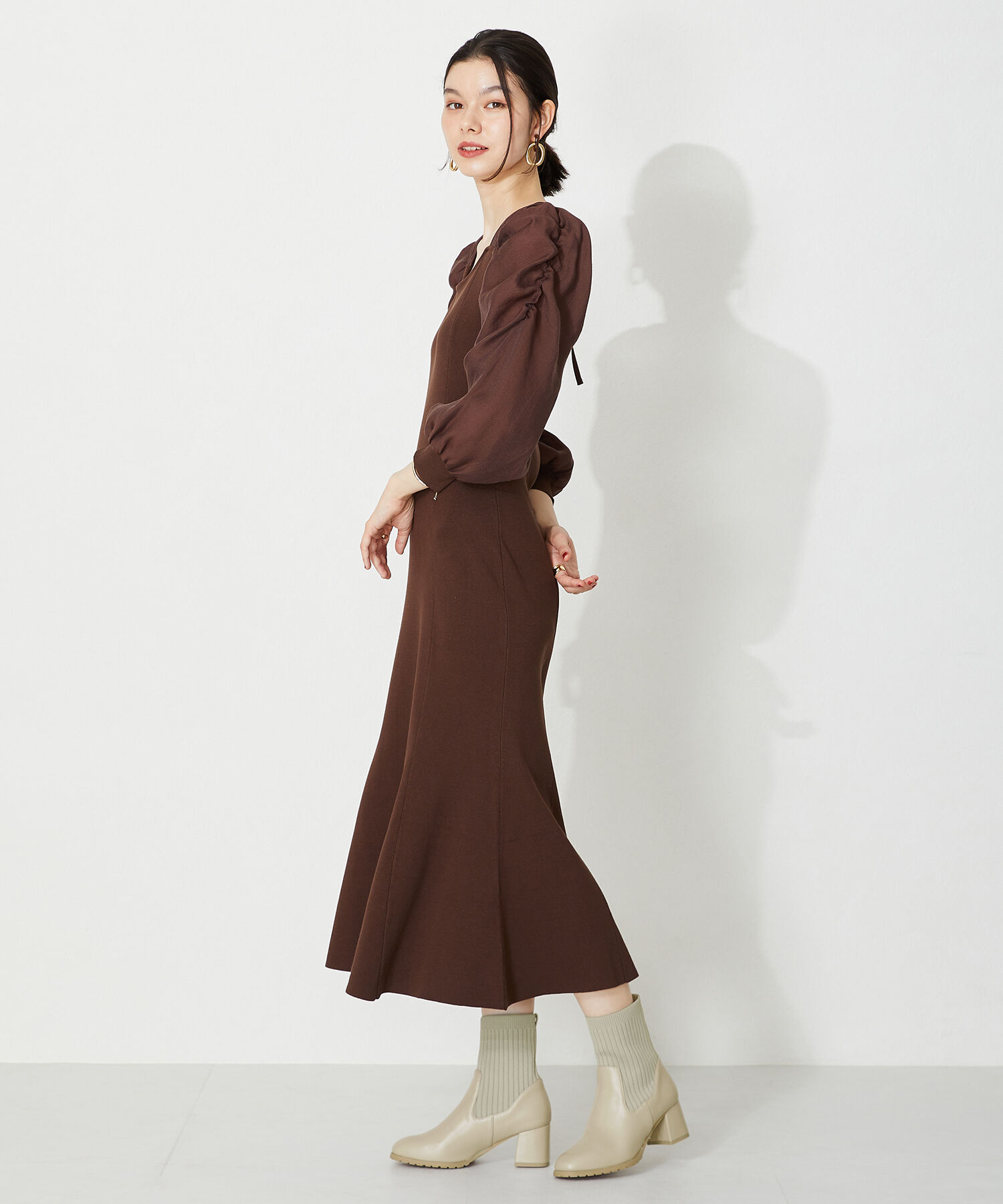 ORiental TRaffic「【 美脚 】スクエアトゥ ニット ヒール ブーツ /31403  足首柔らか ヒール6cm」|ショートブーツ|