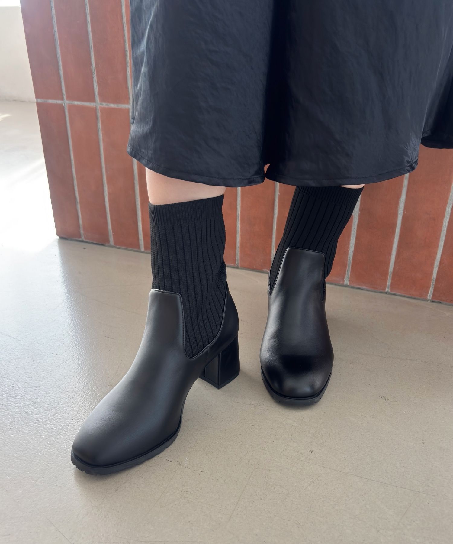 ORiental TRaffic「【 美脚 】スクエアトゥ ニット ヒール ブーツ /31403  足首柔らか ヒール6cm」|ショートブーツ|