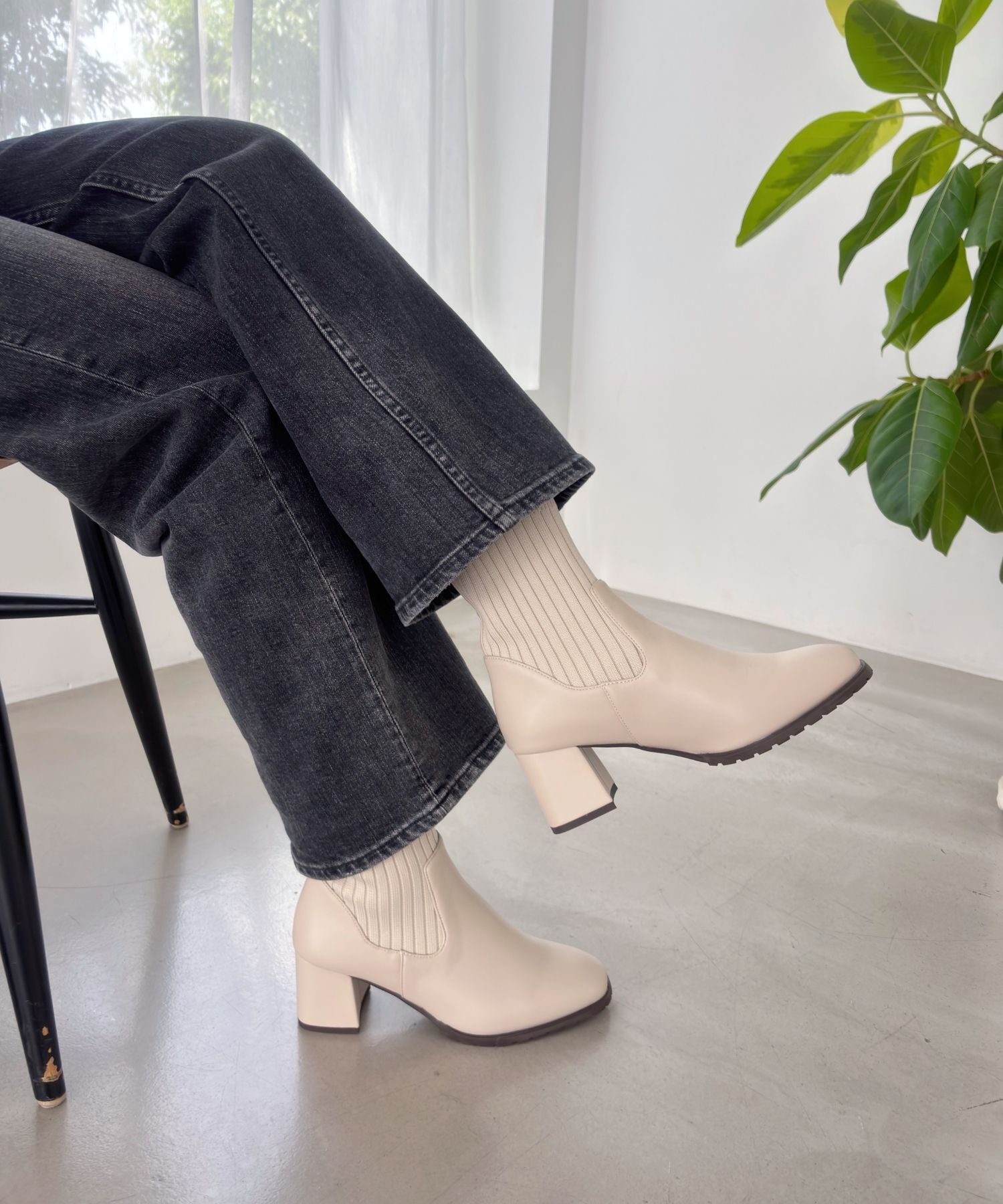 ORiental TRaffic「【 美脚 】スクエアトゥ ニット ヒール ブーツ /31403  足首柔らか ヒール6cm」|ショートブーツ|IVORY