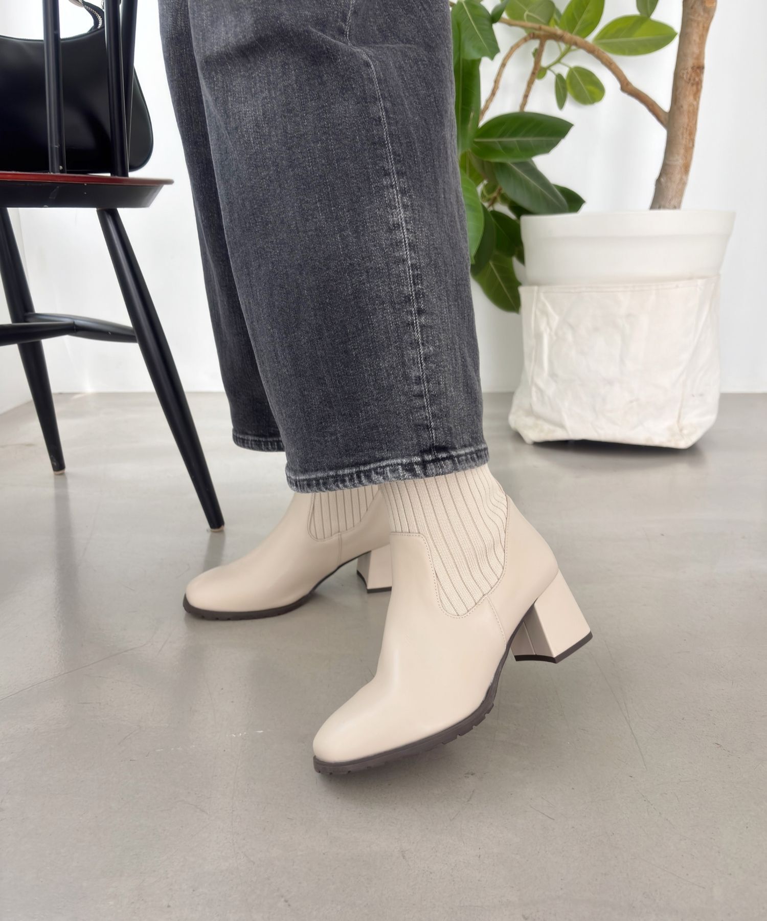 ORiental TRaffic「【 美脚 】スクエアトゥ ニット ヒール ブーツ /31403  足首柔らか ヒール6cm」|ショートブーツ|