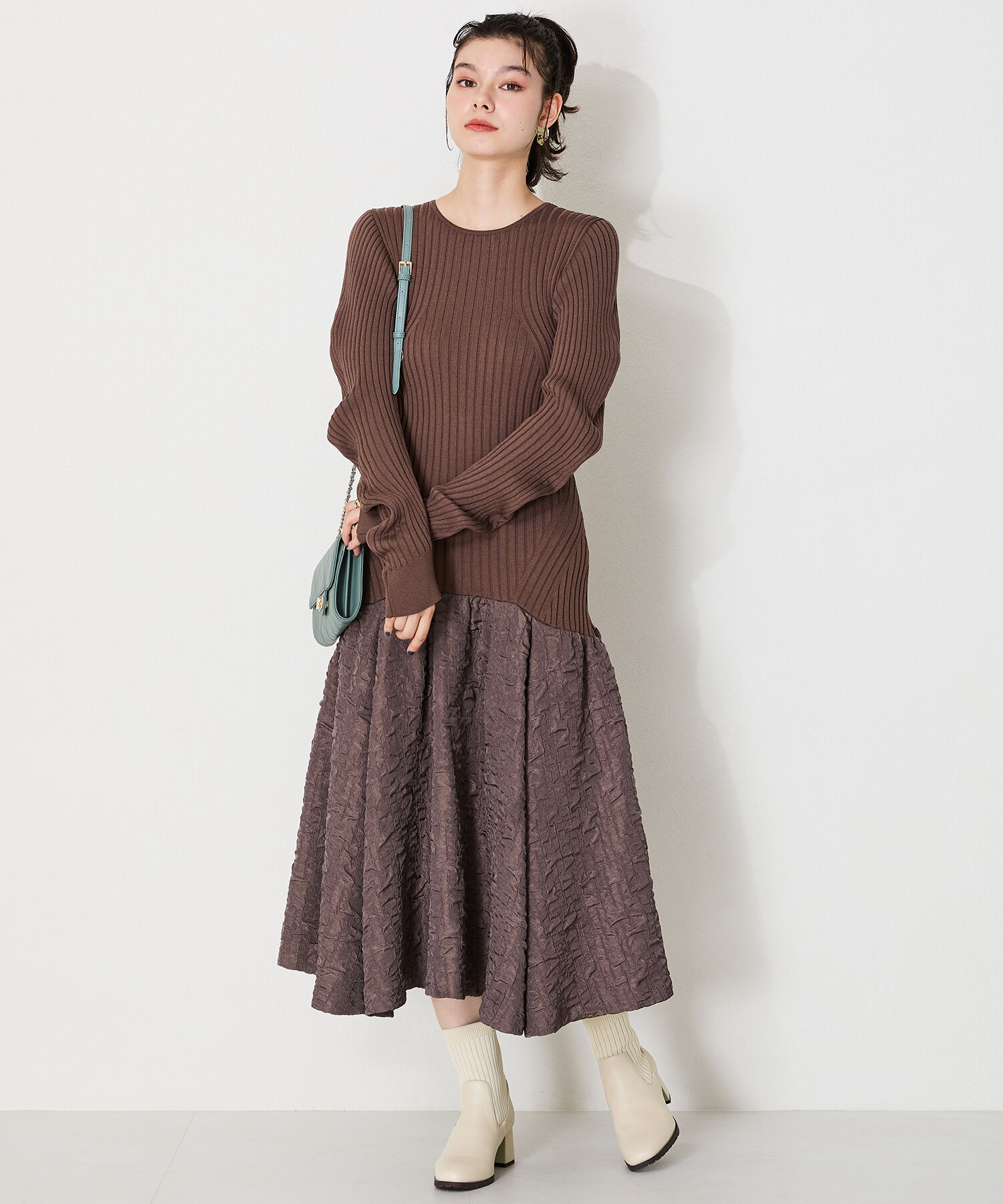 ORiental TRaffic「【 美脚 】スクエアトゥ ニット ヒール ブーツ /31403  足首柔らか ヒール6cm」|ショートブーツ|