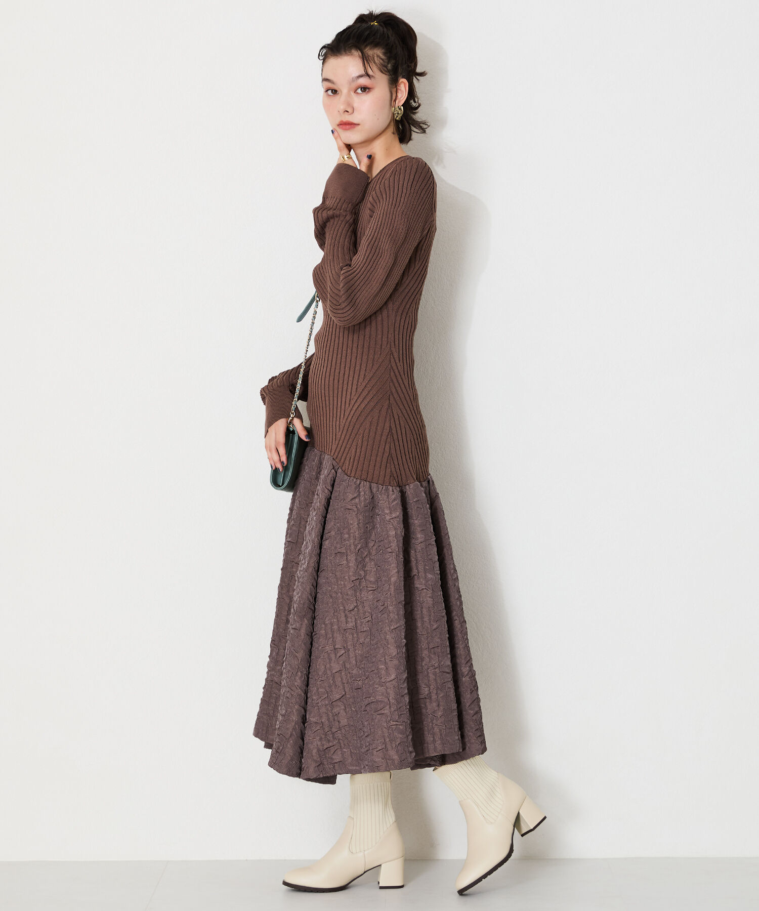 ORiental TRaffic「【 美脚 】スクエアトゥ ニット ヒール ブーツ /31403  足首柔らか ヒール6cm」|ショートブーツ|