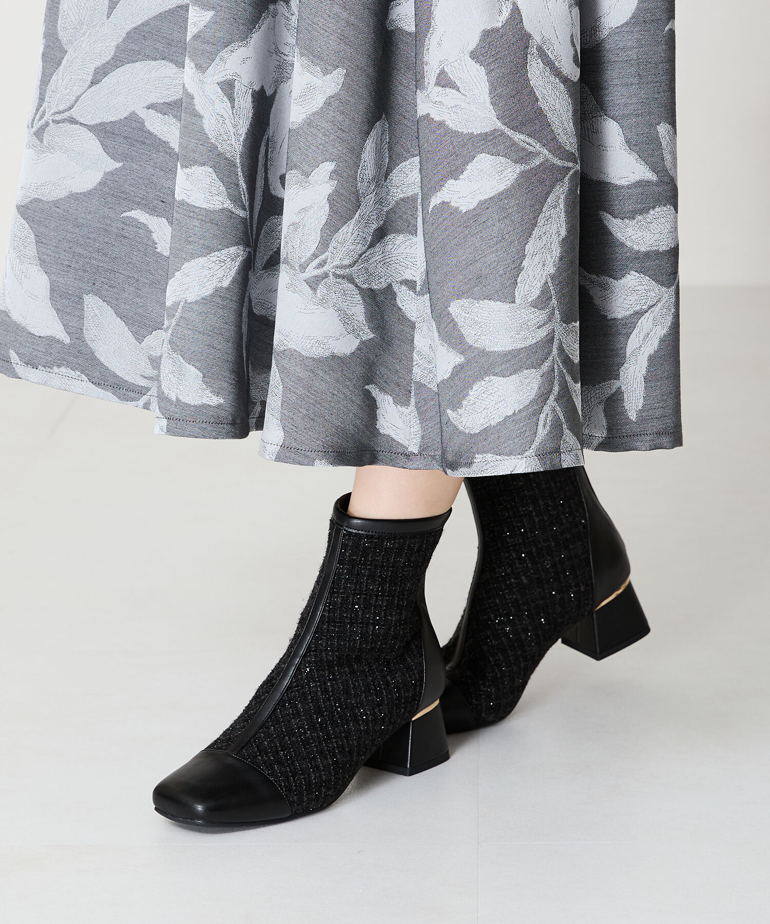 ORiental TRaffic「ツイード 切替 スクエアトゥ ブーツ /41404 ヒール5ｃｍ」|ショートブーツ|