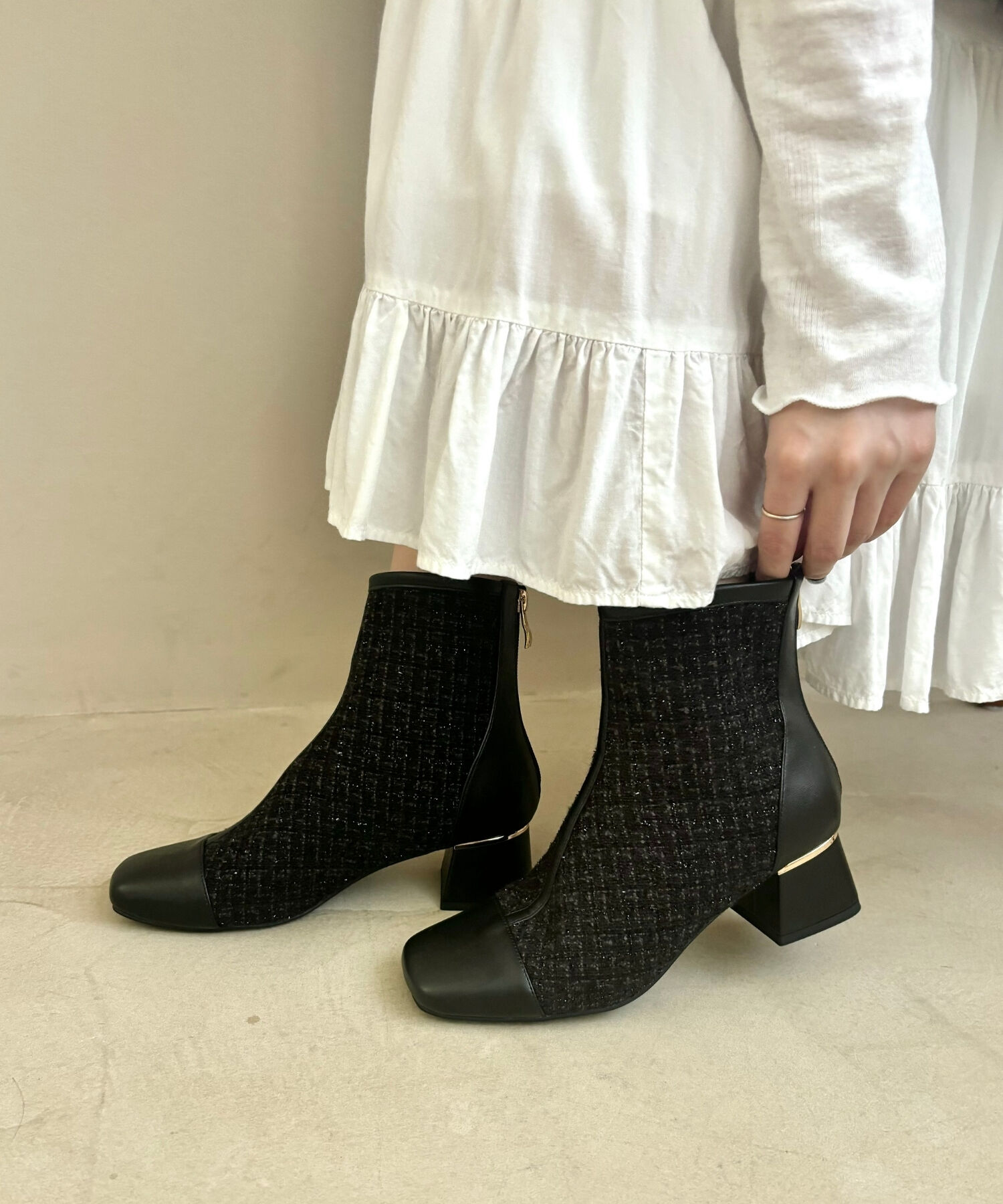 ORiental TRaffic「ツイード 切替 スクエアトゥ ブーツ /41404 ヒール5ｃｍ」|ショートブーツ|