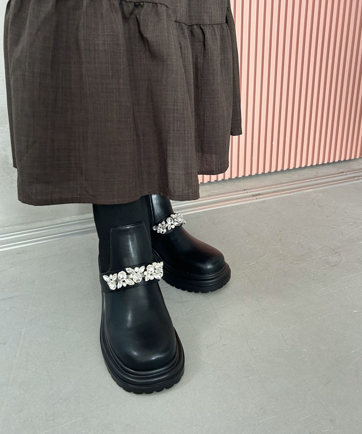 ORiental TRaffic「●2024秋冬新作●ビジューベルトニットドッキングブーツ/41415」|ショートブーツ|