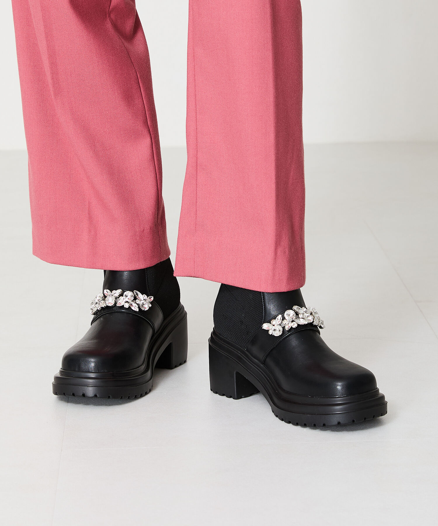 ORiental TRaffic「●2024秋冬新作●ビジューベルトニットドッキングブーツ/41415」|ショートブーツ|