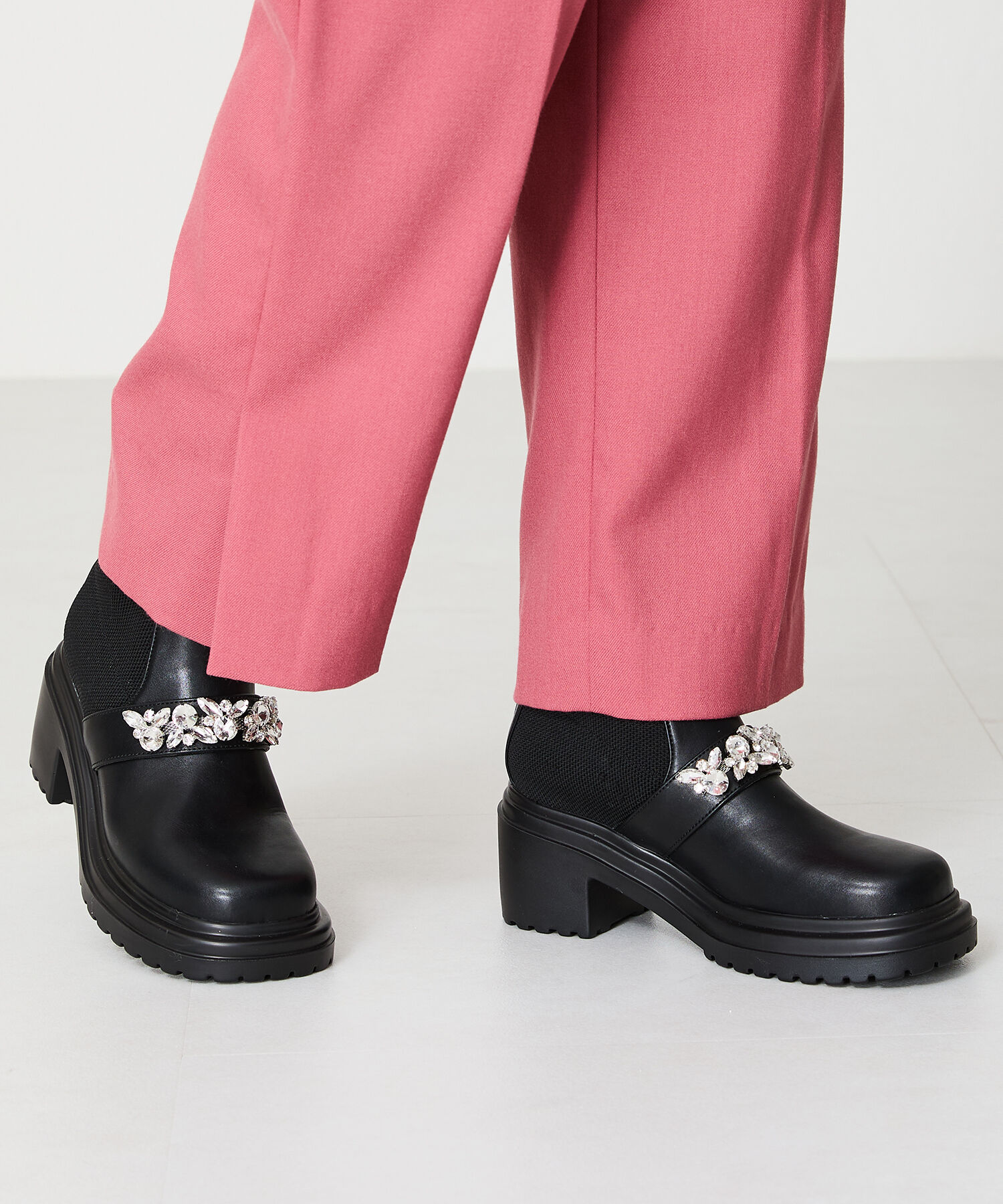 ORiental TRaffic「●2024秋冬新作●ビジューベルトニットドッキングブーツ/41415」|ショートブーツ|