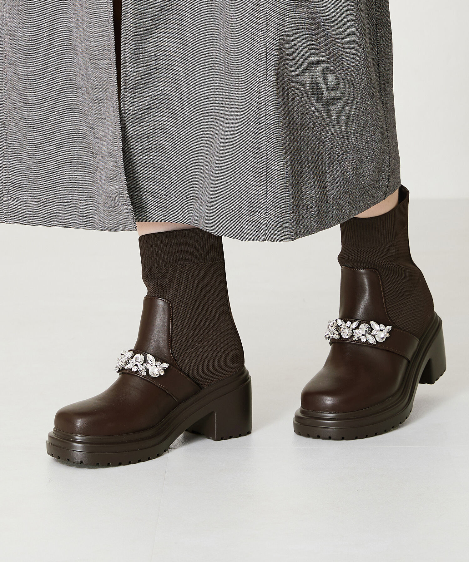 ORiental TRaffic「●2024秋冬新作●ビジューベルトニットドッキングブーツ/41415」|ショートブーツ|