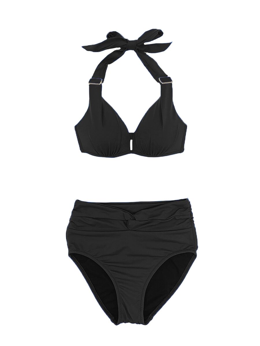 PEAK&PINE「無地サッシュホルターネックハイウエストビキニ【A～Dカップ対応】」|ビキニ|ブラック