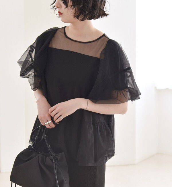 quaranciel「quaranciel:〈手洗い可能〉チュール パフスリーブ ドッキング プルオーバー」|Tシャツ・カットソー|ブラック
