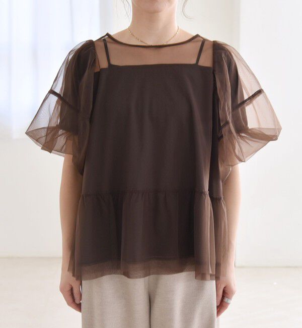 quaranciel「quaranciel:〈手洗い可能〉チュール パフスリーブ ドッキング プルオーバー」|Tシャツ・カットソー|