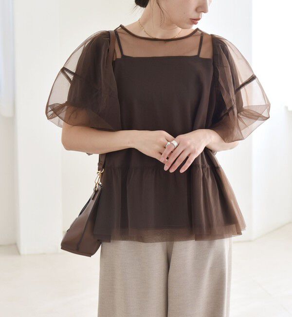 quaranciel「quaranciel:〈手洗い可能〉チュール パフスリーブ ドッキング プルオーバー」|Tシャツ・カットソー|