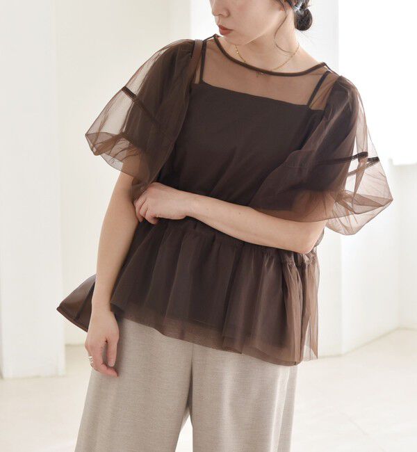 quaranciel「quaranciel:〈手洗い可能〉チュール パフスリーブ ドッキング プルオーバー」|Tシャツ・カットソー|