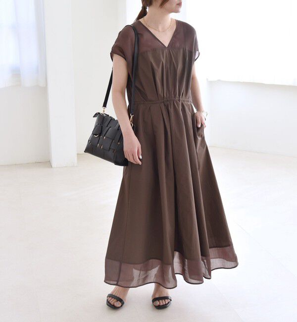 quaranciel「quaranciel :〈洗濯機可能〉シアー ドッキング Vネック フレンチスリーブ ワンピース」|ワンピース|