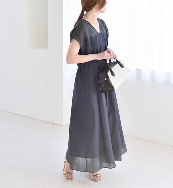 quaranciel「quaranciel :〈洗濯機可能〉シアー ドッキング Vネック フレンチスリーブ ワンピース」|ワンピース|ネイビー