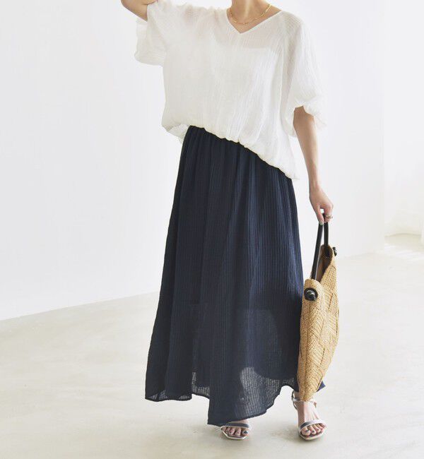 quaranciel「quaranciel:〈洗濯機可能〉シアー ストライプ ギャザーフレア スカート & ブラウス セット」|ワンピース|