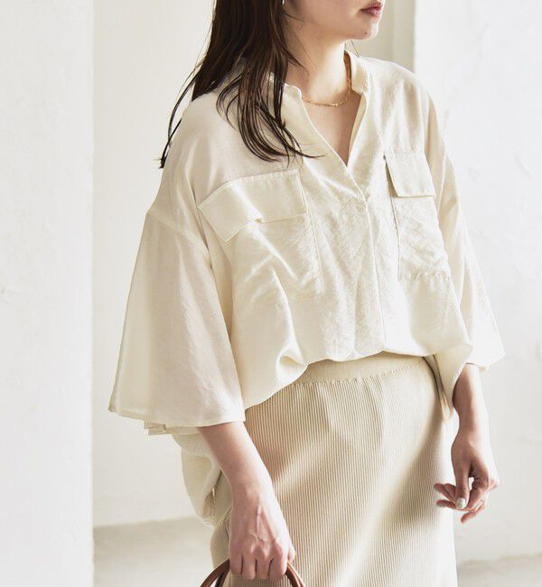 quaranciel「quaranciel:〈手洗い可能〉フレア ハーフスリーブ バンドカラー スキッパー シャツ」|シャツ・ブラウス|