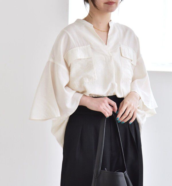 quaranciel「quaranciel:〈手洗い可能〉フレア ハーフスリーブ バンドカラー スキッパー シャツ」|シャツ・ブラウス|