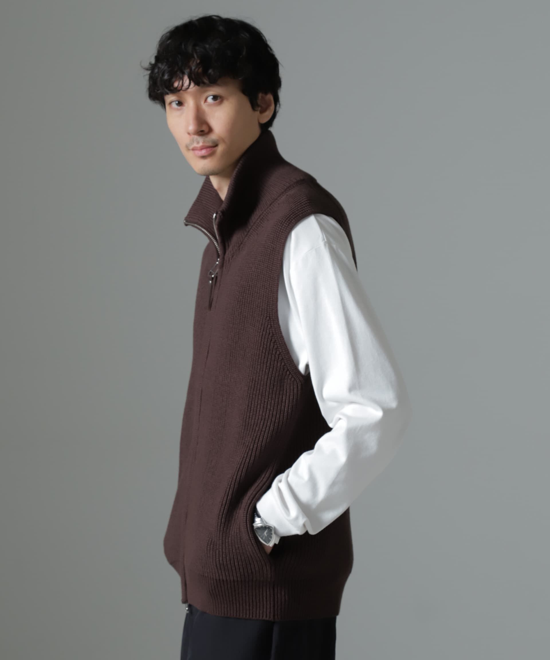 nano･universe「片アゼドライバーズジップニットベスト」|ニット・セーター|