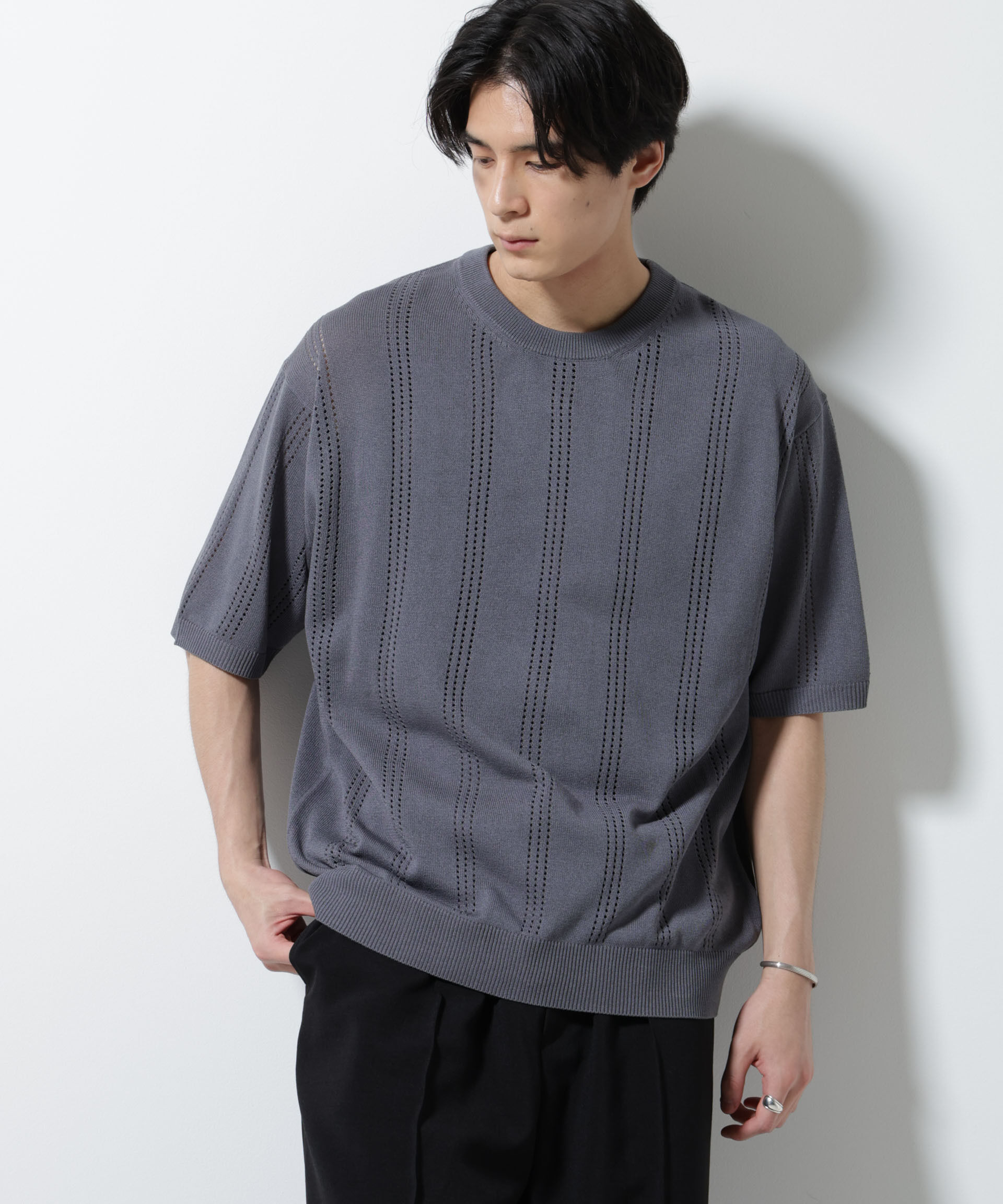 nano･universe「アイレットニット 半袖」|ニット・セーター|グレー