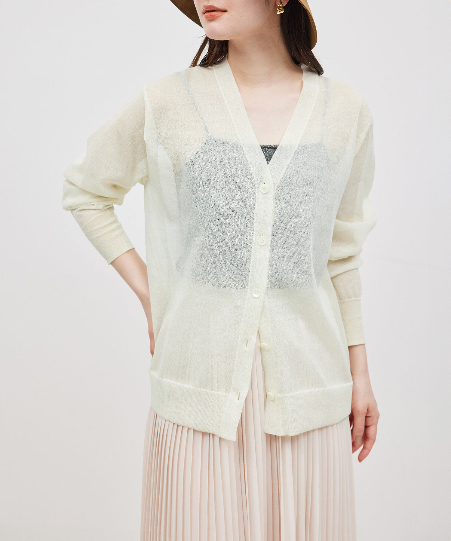 ROPE「【洗える】シアーVネックカーディガン」|カーディガン|ホワイト(10)