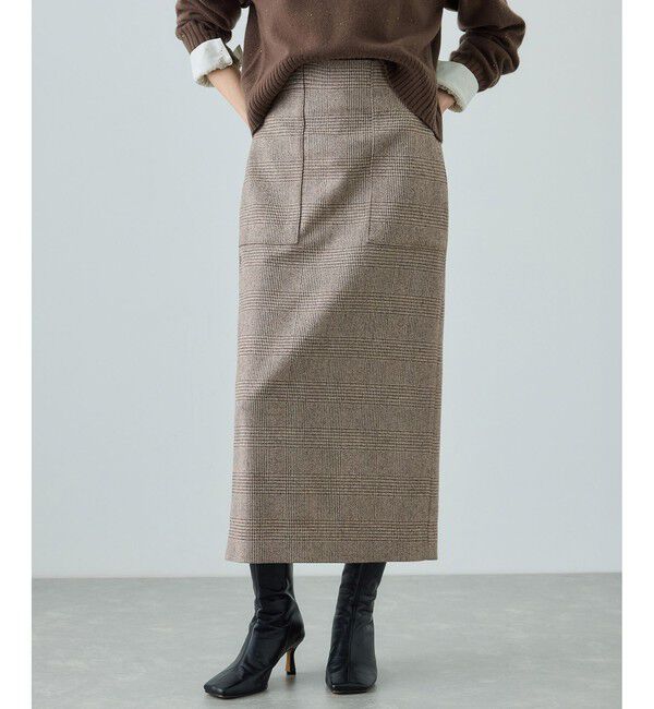 ROPE「[美人スカート]ウールレーヨンポケット付きタイトスカート(ヘリンボーン/グレンチェック)/セットアップ対応」|スカート|ブラウン系(24)