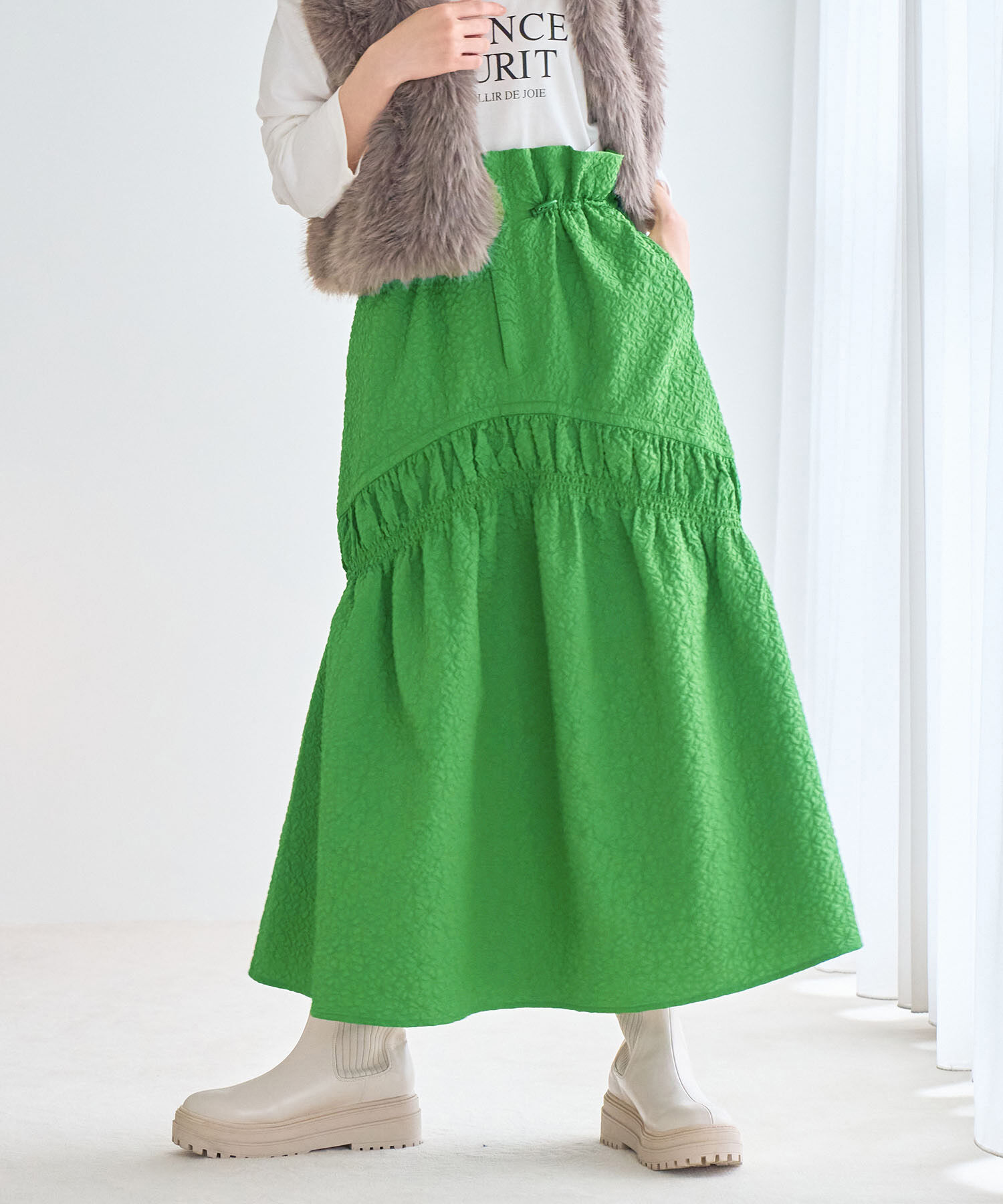 VIS「ぽこぽこドロストジャガードスカート」|スカート|グリーン(30)