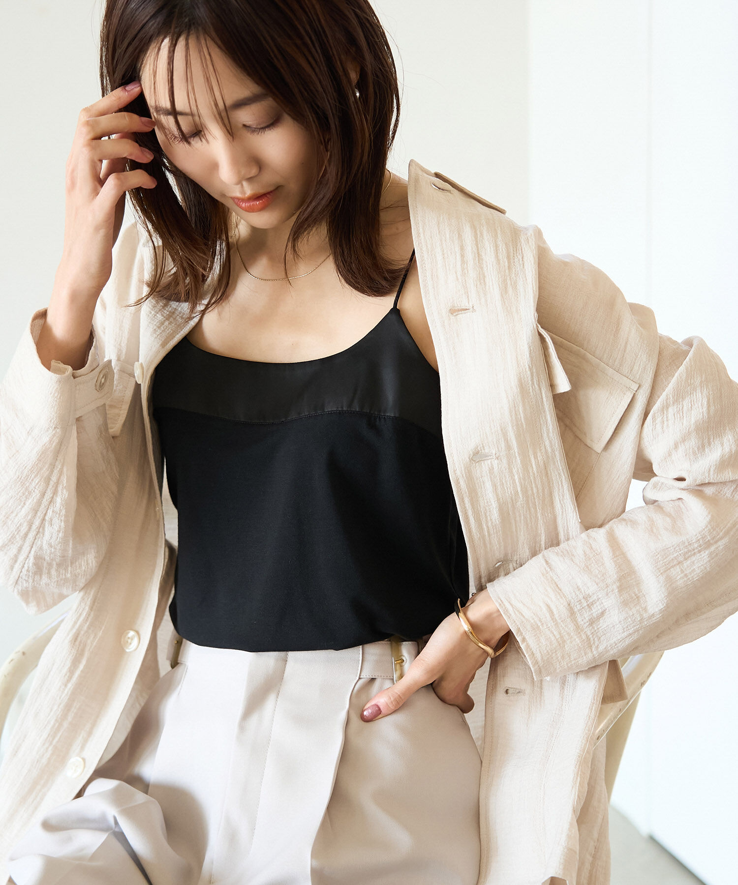 Rope&rsquo;Picnic「サテン切替キャミソール」|キャミソール|ブラック(01)