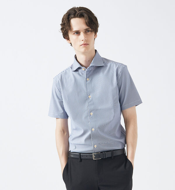 ABAHOUSE「【FLEX】ナロウストライプ 半袖シャツ/ジャージシャツ」|シャツ・ブラウス|ネイビー