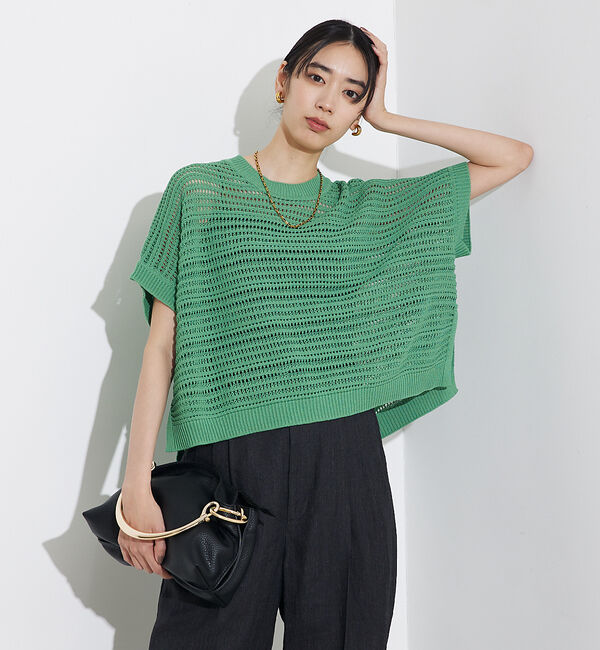 qualite「透かしガータースクエアニット」|Tシャツ・カットソー|グリーン