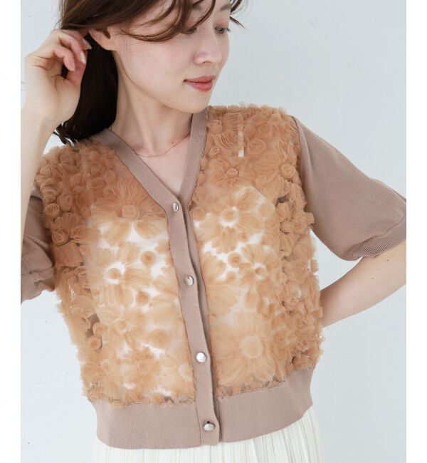  「チュール刺繍ハーフスリーブカーディガン」|カーディガン|