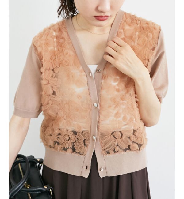  「チュール刺繍ハーフスリーブカーディガン」|カーディガン|