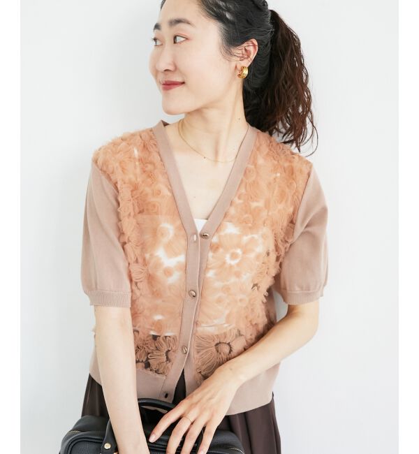  「チュール刺繍ハーフスリーブカーディガン」|カーディガン|