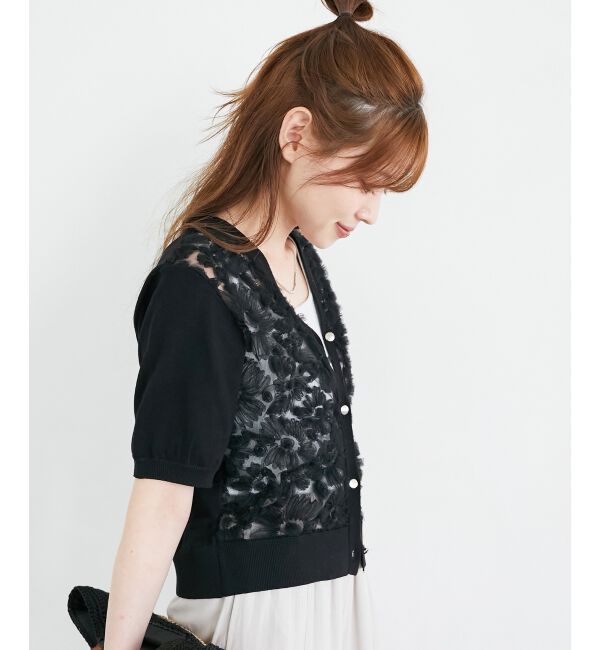  「チュール刺繍ハーフスリーブカーディガン」|カーディガン|