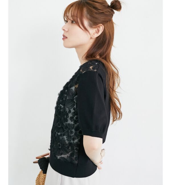  「チュール刺繍ハーフスリーブカーディガン」|カーディガン|