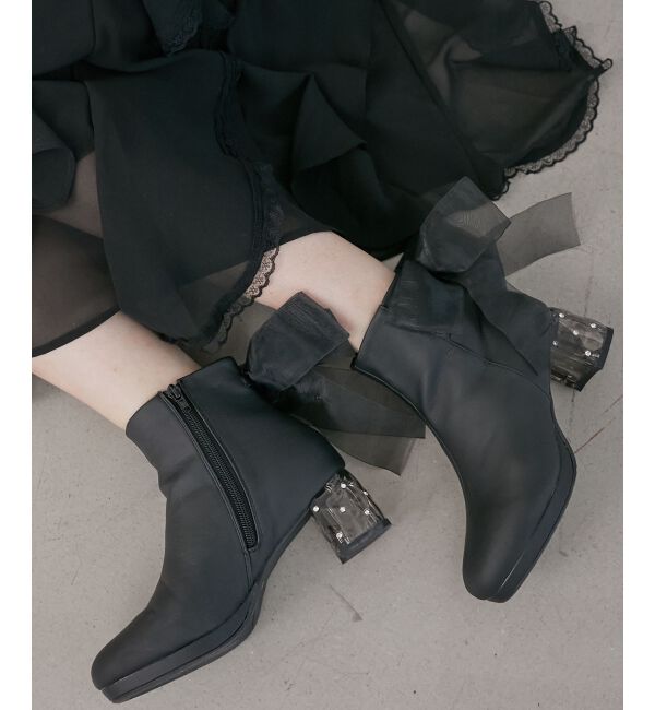  「☆取り外しできるリボンブーツ」|ショートブーツ|ブラック柄